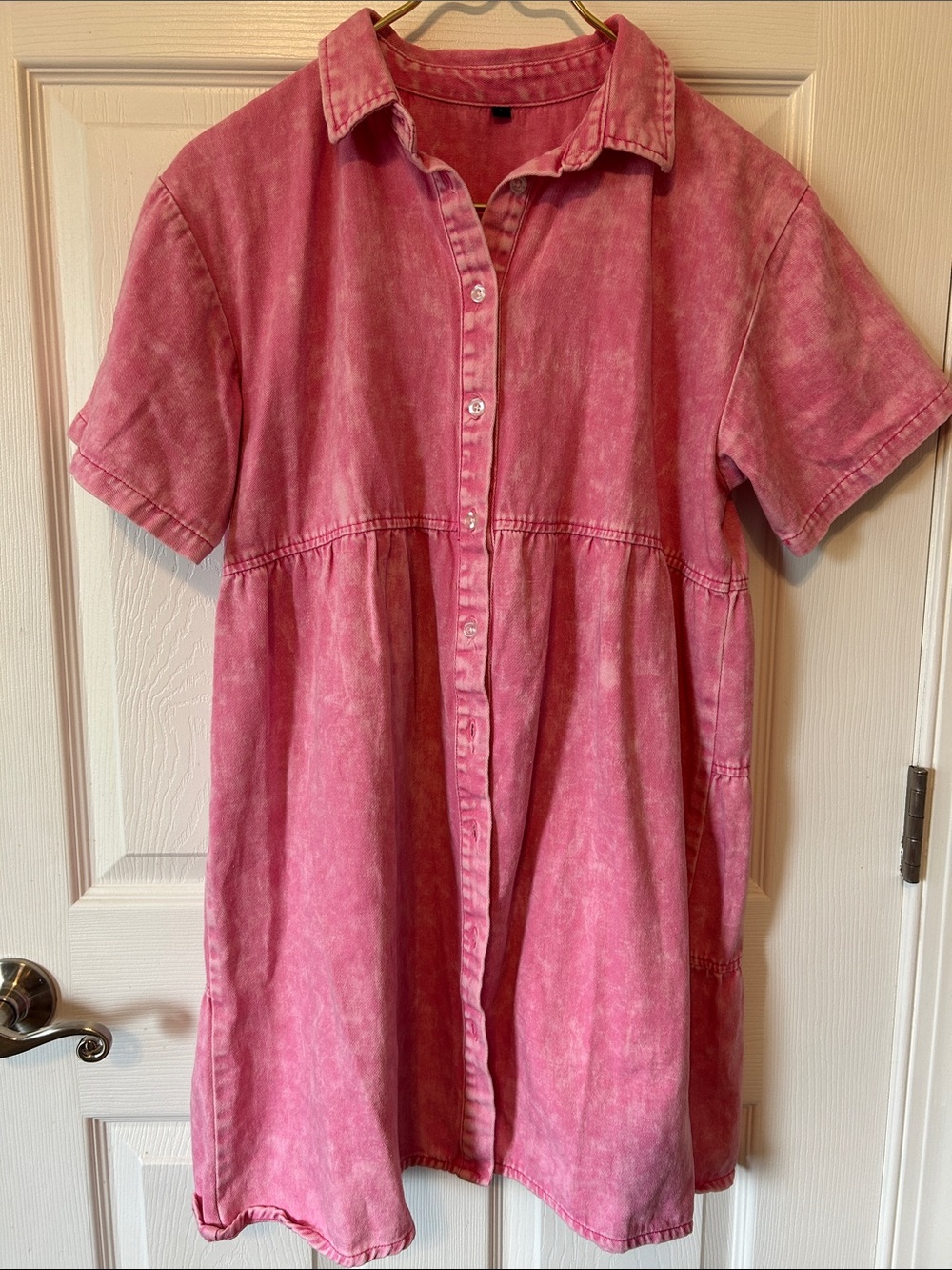 Pink Short-Sleeve Midi Shirt Dress